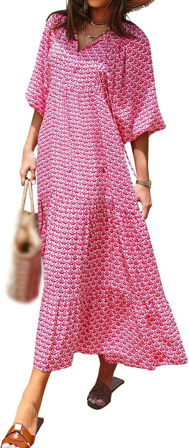Boho Dresses for Women 2025 V Neck Maxi Dresses Puff 3/4 Sleeve Floral Dress Smocked Ruffle Flowy Casual Dress