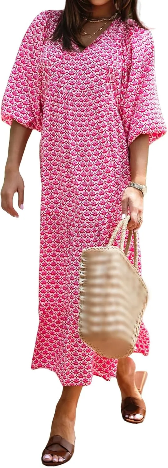 Boho Dresses for Women 2025 V Neck Maxi Dresses Puff 3/4 Sleeve Floral Dress Smocked Ruffle Flowy Casual Dress