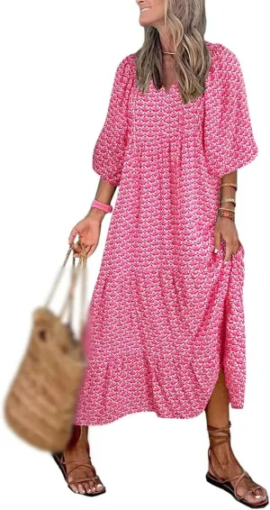 Boho Dresses for Women 2025 V Neck Maxi Dresses Puff 3/4 Sleeve Floral Dress Smocked Ruffle Flowy Casual Dress