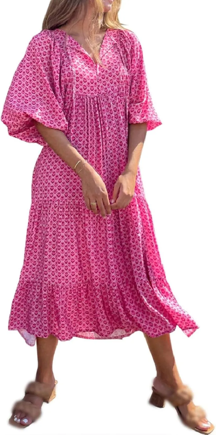 Boho Dresses for Women 2025 V Neck Maxi Dresses Puff 3/4 Sleeve Floral Dress Smocked Ruffle Flowy Casual Dress