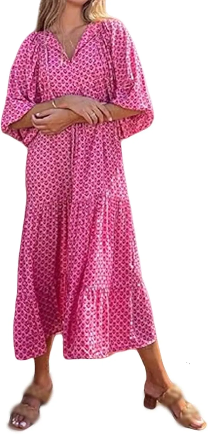 Boho Dresses for Women 2025 V Neck Maxi Dresses Puff 3/4 Sleeve Floral Dress Smocked Ruffle Flowy Casual Dress
