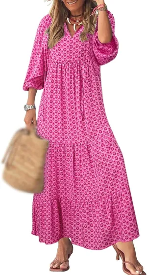 Boho Dresses for Women 2025 V Neck Maxi Dresses Puff 3/4 Sleeve Floral Dress Smocked Ruffle Flowy Casual Dress