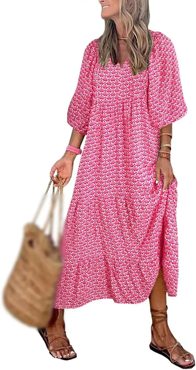 Boho Dresses for Women 2025 V Neck Maxi Dresses Puff 3/4 Sleeve Floral Dress Smocked Ruffle Flowy Casual Dress