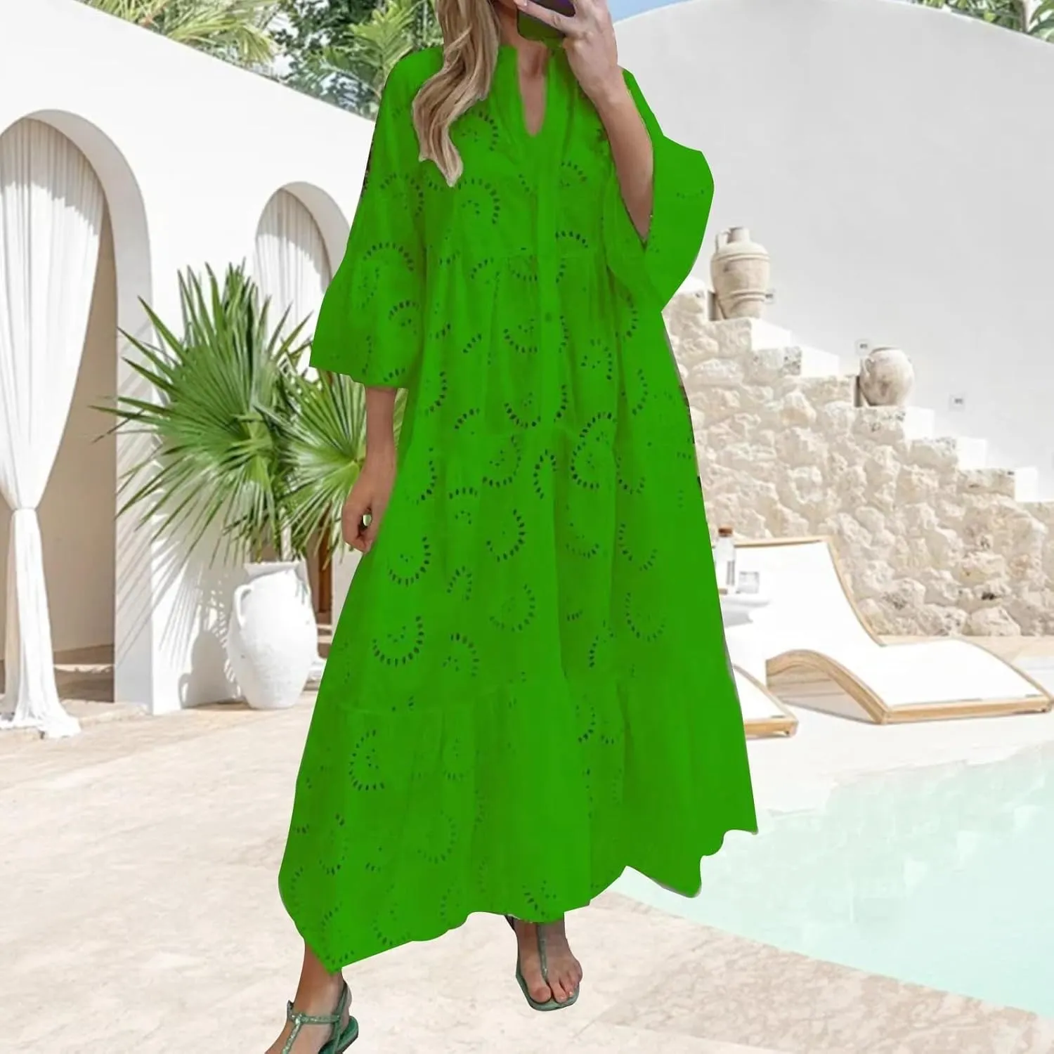 Boho Maxi Dress for Women Eyelet Dresses Elegant Lace Hollow Dress Summer V Neck Bell Sleeve Ruffle Flowy Long Dresses