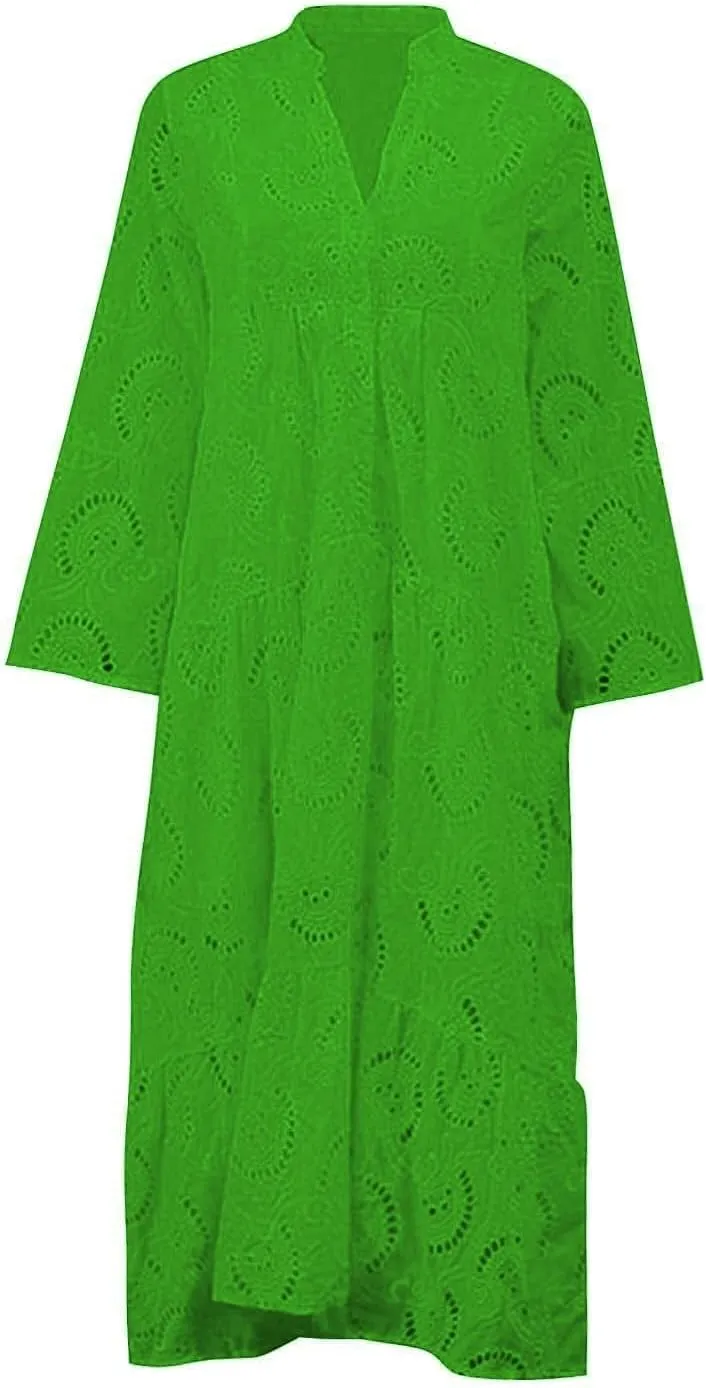 Boho Maxi Dress for Women Eyelet Dresses Elegant Lace Hollow Dress Summer V Neck Bell Sleeve Ruffle Flowy Long Dresses