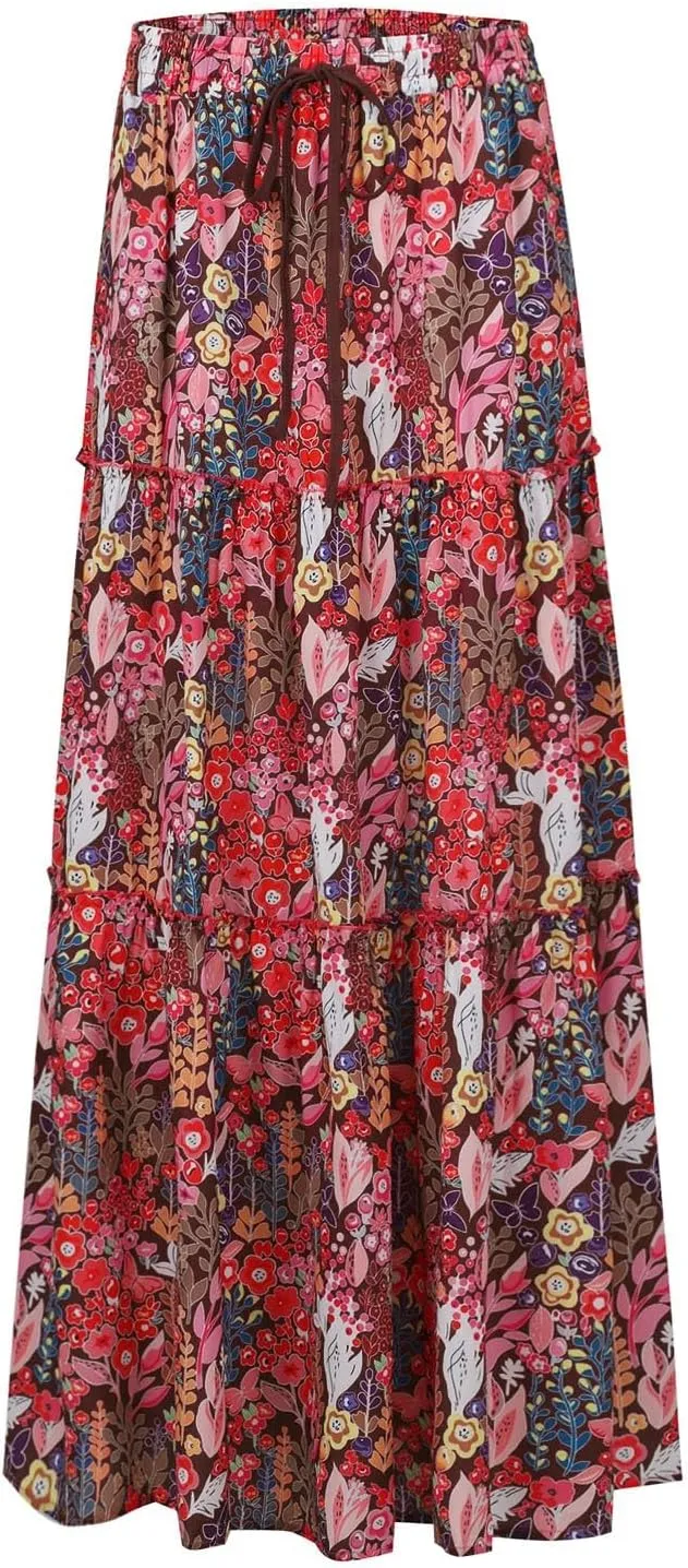 Boho Maxi Skirts for Women Summer Tiered Elastic Casual Skirt Smocked A Line Skirts Work Long Skirt Y2K with Pockets