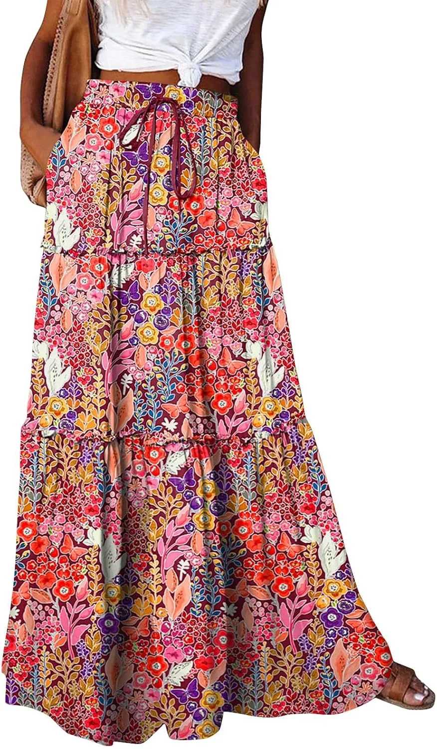 Boho Maxi Skirts for Women Summer Tiered Elastic Casual Skirt Smocked A Line Skirts Work Long Skirt Y2K with Pockets