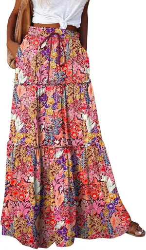 Boho Maxi Skirts for Women Summer Tiered Elastic Casual Skirt Smocked A Line Skirts Work Long Skirt Y2K with Pockets