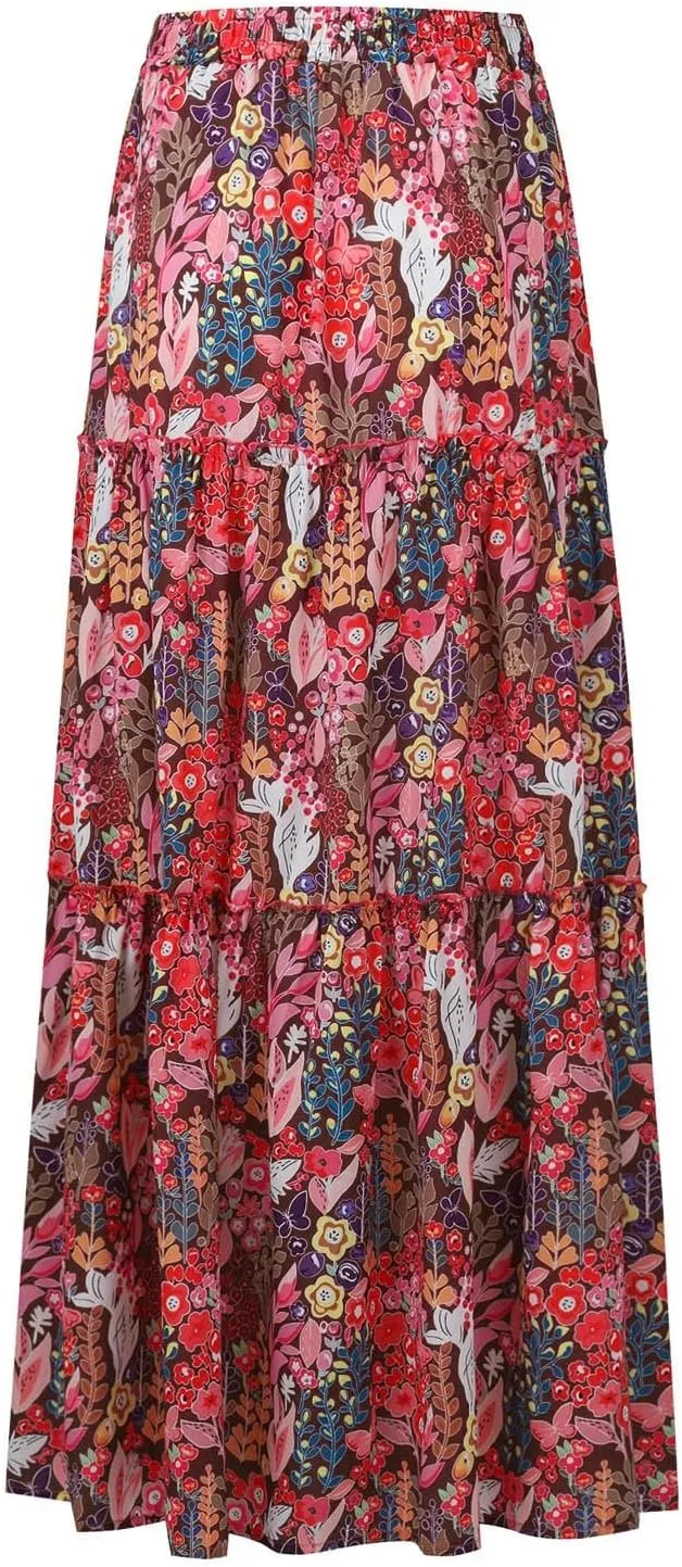 Boho Maxi Skirts for Women Summer Tiered Elastic Casual Skirt Smocked A Line Skirts Work Long Skirt Y2K with Pockets