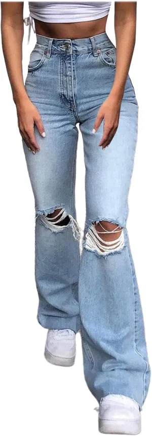 Bootcut Jeans for Women High Waisted Stretchy Flare Pants Ripped Skinny Bell Bottom Denim Pants Distressed Jeans
