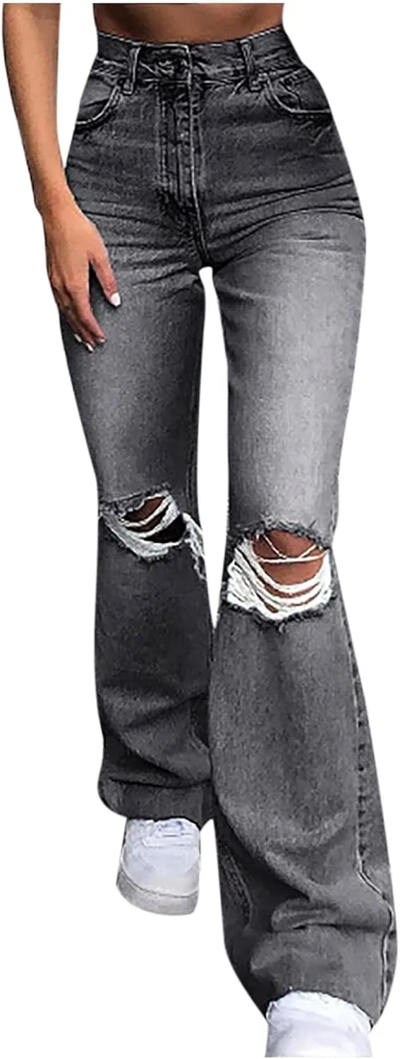 Bootcut Jeans for Women High Waisted Stretchy Flare Pants Ripped Skinny Bell Bottom Denim Pants Distressed Jeans