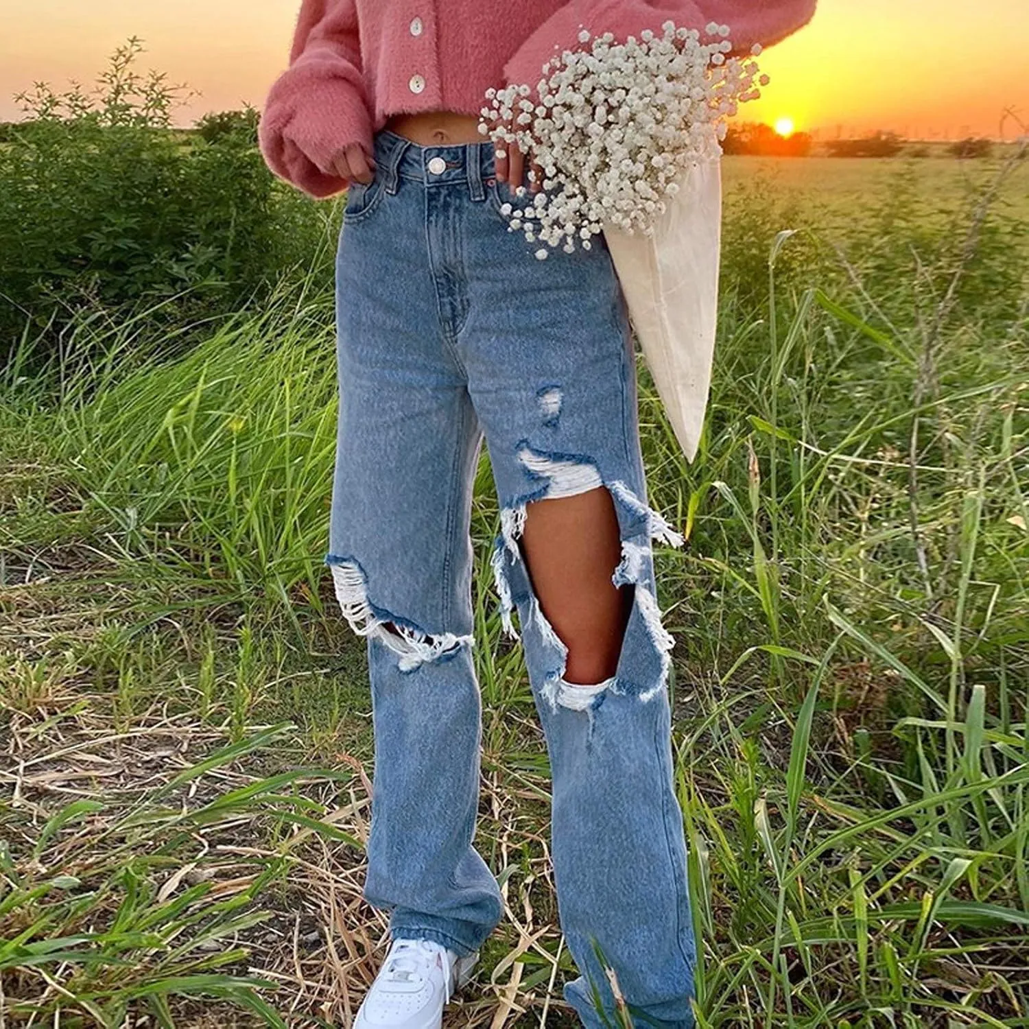 Bootcut Jeans for Women High Waisted Stretchy Flare Pants Ripped Skinny Bell Bottom Denim Pants Distressed Jeans
