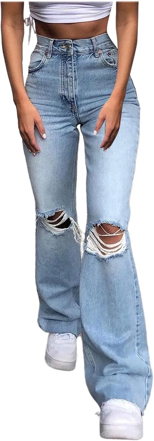 Bootcut Jeans for Women High Waisted Stretchy Flare Pants Ripped Skinny Bell Bottom Denim Pants Distressed Jeans