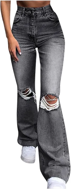Bootcut Jeans for Women High Waisted Stretchy Flare Pants Ripped Skinny Bell Bottom Denim Pants Distressed Jeans