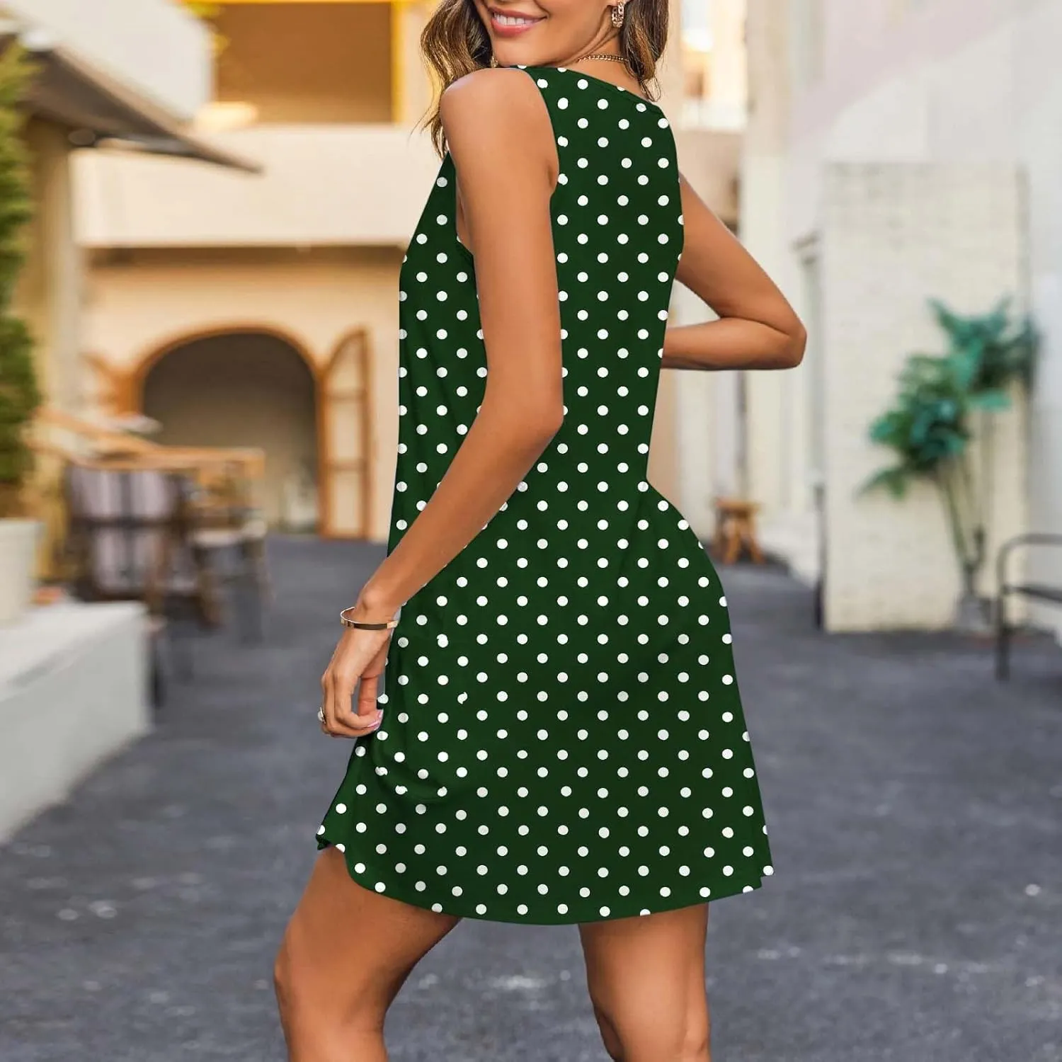 Borniu Women's Summer Casual V Neck Sundresses Polka Dots Knee Length Sleeveless A Line Tank Dress Beach Vocation Dresses