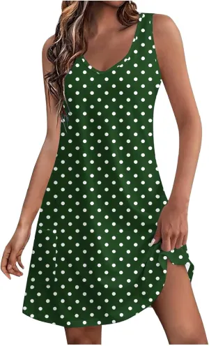 Borniu Women's Summer Casual V Neck Sundresses Polka Dots Knee Length Sleeveless A Line Tank Dress Beach Vocation Dresses