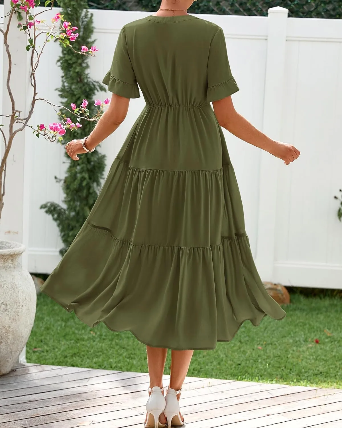 BTFBM Summer Dresses for Women 2025 Vacation V Neck Ruffle Short Sleeve A Line Tiered Flowy Casual Midi Beach Dress