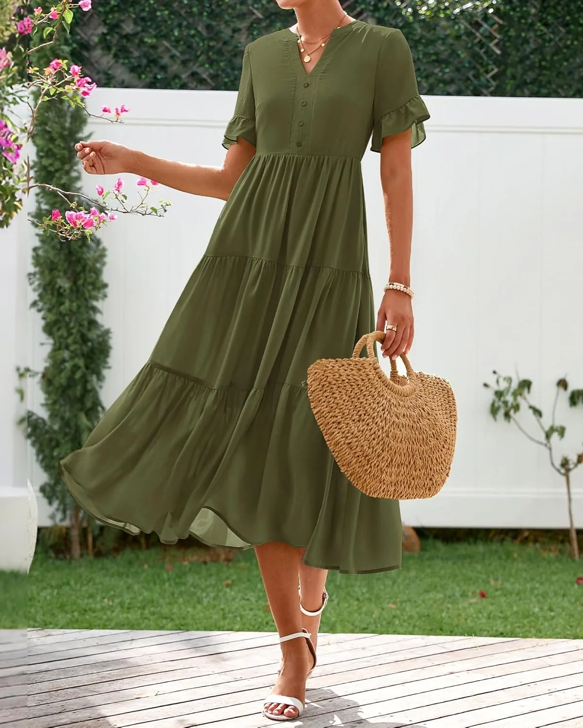 BTFBM Summer Dresses for Women 2025 Vacation V Neck Ruffle Short Sleeve A Line Tiered Flowy Casual Midi Beach Dress