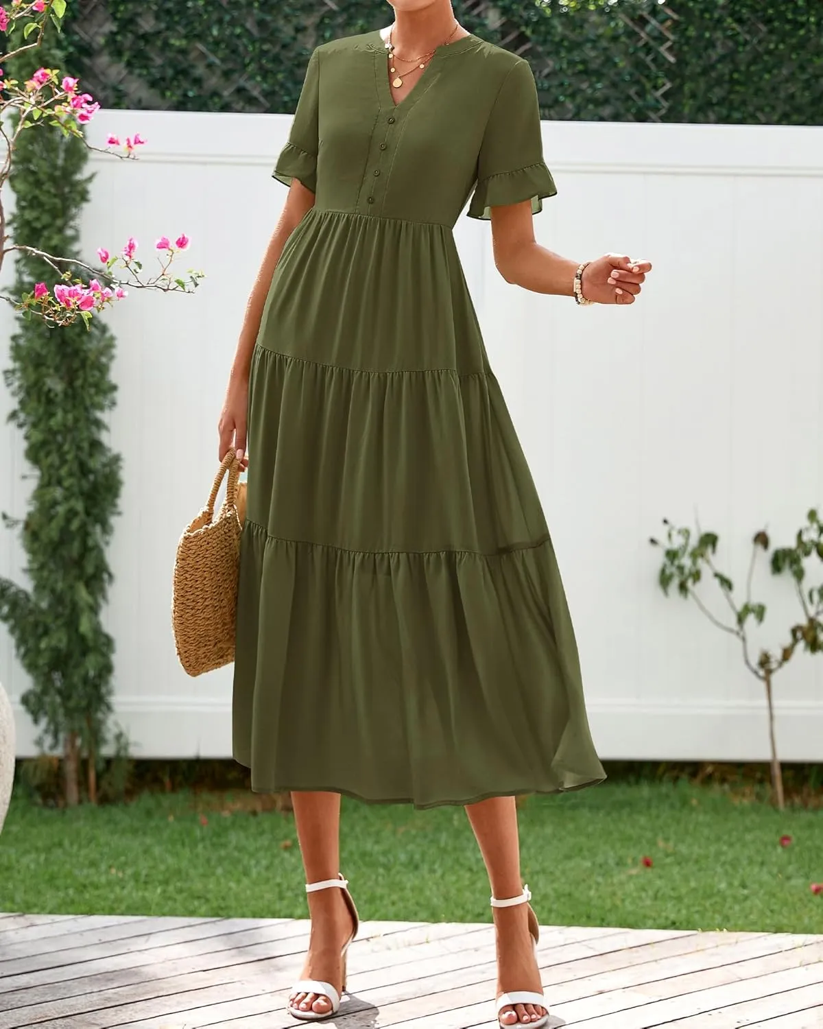 BTFBM Summer Dresses for Women 2025 Vacation V Neck Ruffle Short Sleeve A Line Tiered Flowy Casual Midi Beach Dress