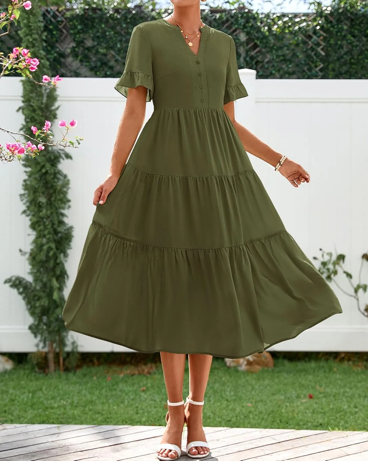BTFBM Summer Dresses for Women 2025 Vacation V Neck Ruffle Short Sleeve A Line Tiered Flowy Casual Midi Beach Dress