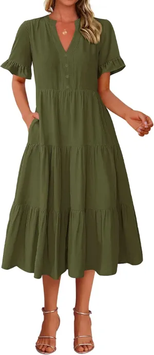 BTFBM Summer Dresses for Women 2025 Vacation V Neck Ruffle Short Sleeve A Line Tiered Flowy Casual Midi Beach Dress