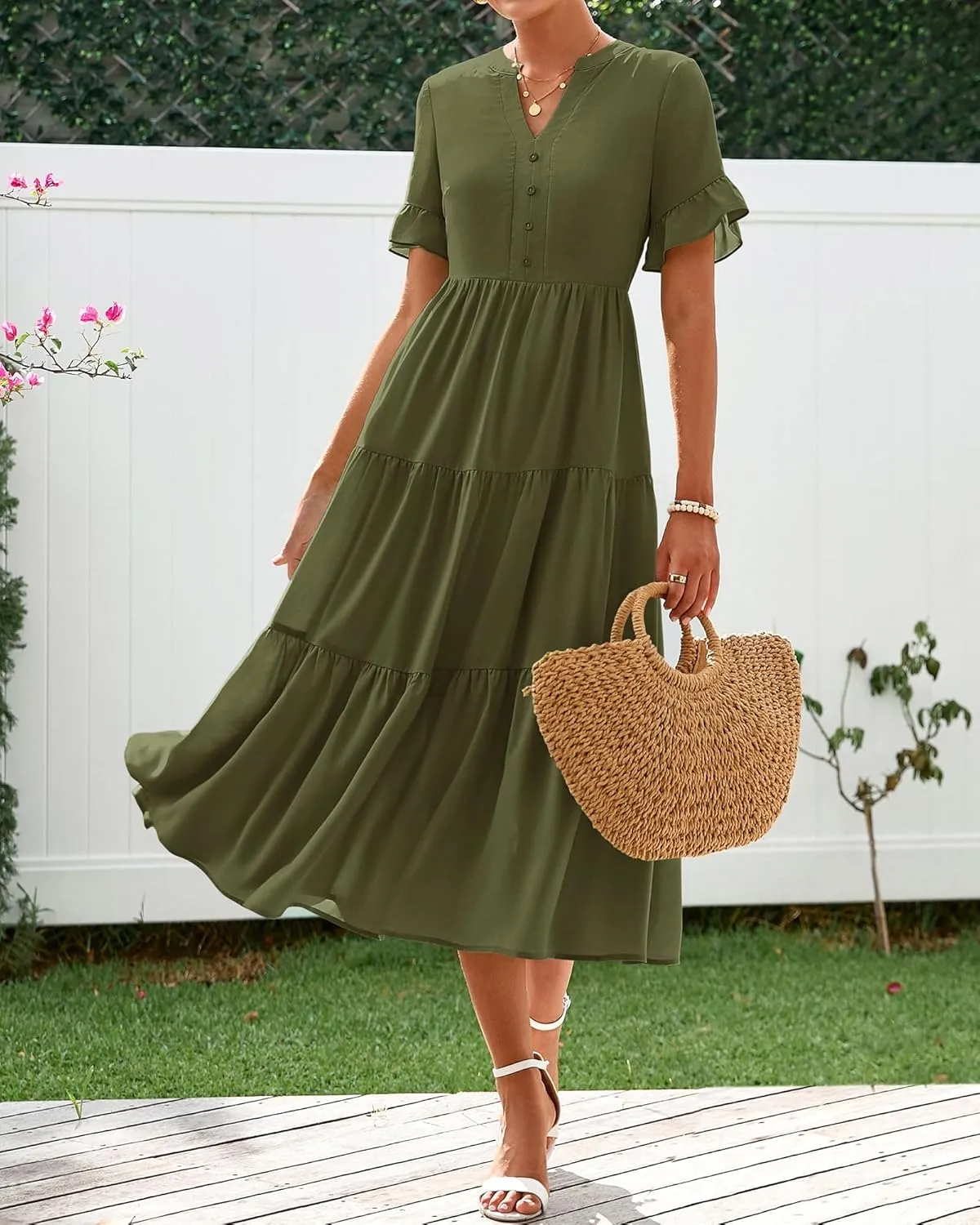 BTFBM Summer Dresses for Women 2025 Vacation V Neck Ruffle Short Sleeve A Line Tiered Flowy Casual Midi Beach Dress