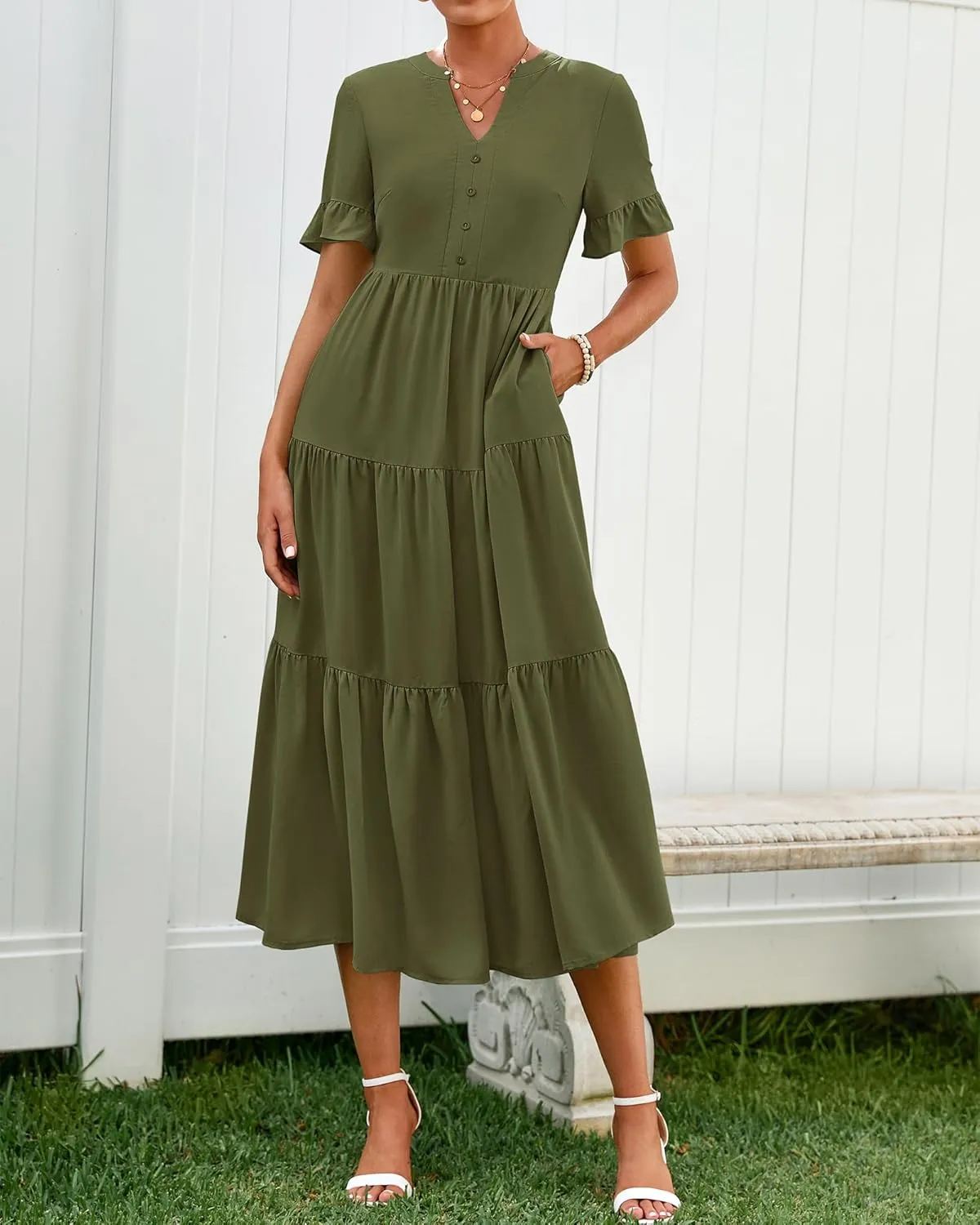 BTFBM Summer Dresses for Women 2025 Vacation V Neck Ruffle Short Sleeve A Line Tiered Flowy Casual Midi Beach Dress