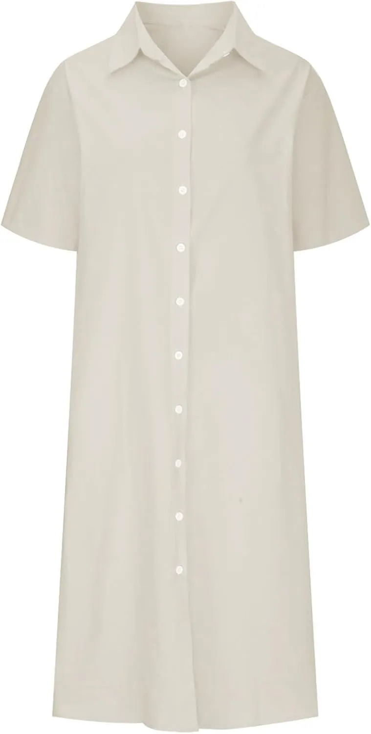Button Down Dress for Women Cotton Linen Long T Shirt Dresses Casual Short Sleeve Midi Sundress Summer Beach Coverups