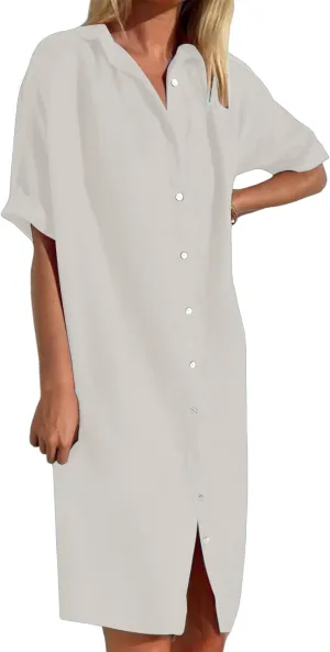 Button Down Dress for Women Cotton Linen Long T Shirt Dresses Casual Short Sleeve Midi Sundress Summer Beach Coverups
