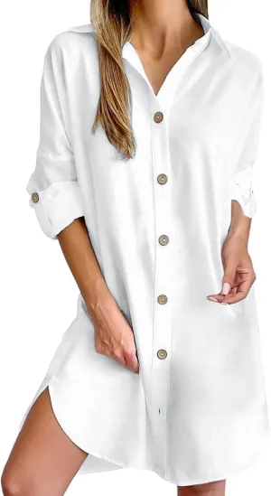 Button Shirt Dresses for Women 2025 Summer Roll Short Sleeve Business Casual Shift Dresses Loose Fit Trendy Dress
