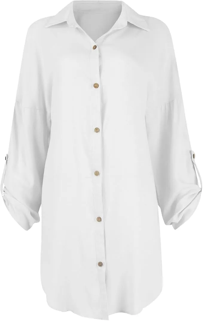 Button Shirt Dresses for Women 2025 Summer Roll Short Sleeve Business Casual Shift Dresses Loose Fit Trendy Dress