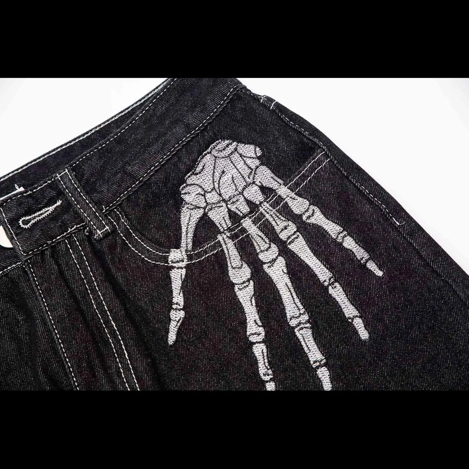 BXCNCKD Hip Hop Jeans Dark Black Skeleton Embroidery Jeans Gothic Loose Wide Leg Straight Leg Trousers Grunge Clothes
