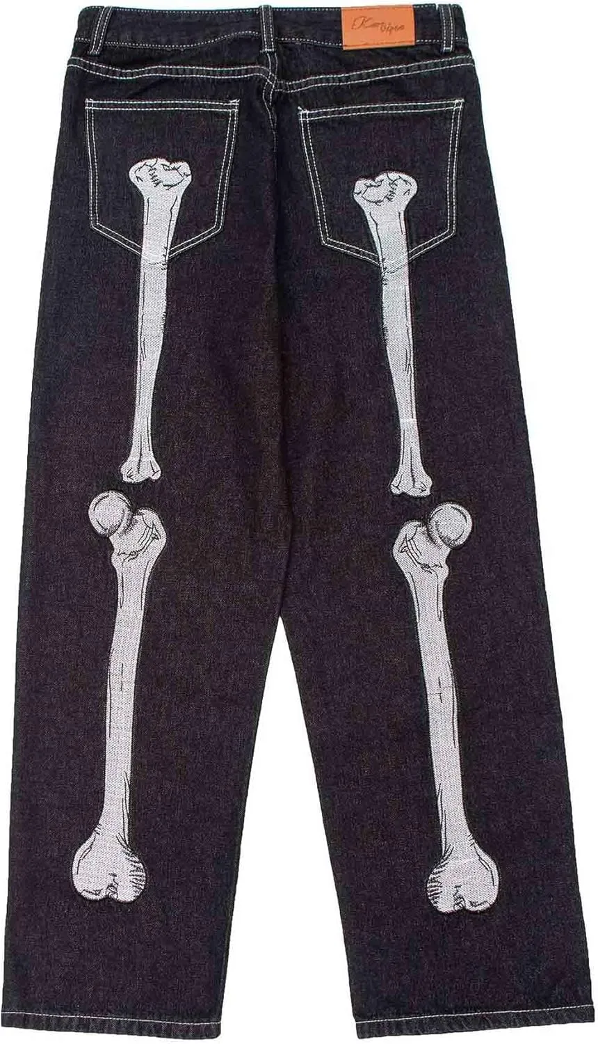 BXCNCKD Hip Hop Jeans Dark Black Skeleton Embroidery Jeans Gothic Loose Wide Leg Straight Leg Trousers Grunge Clothes