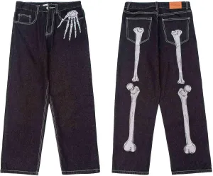 BXCNCKD Hip Hop Jeans Dark Black Skeleton Embroidery Jeans Gothic Loose Wide Leg Straight Leg Trousers Grunge Clothes