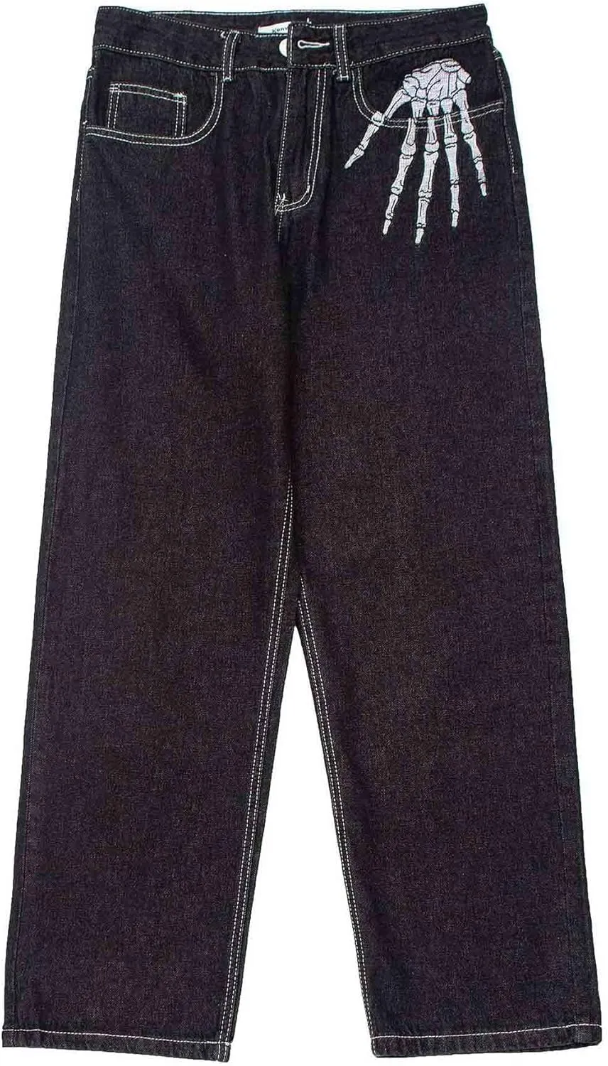 BXCNCKD Hip Hop Jeans Dark Black Skeleton Embroidery Jeans Gothic Loose Wide Leg Straight Leg Trousers Grunge Clothes