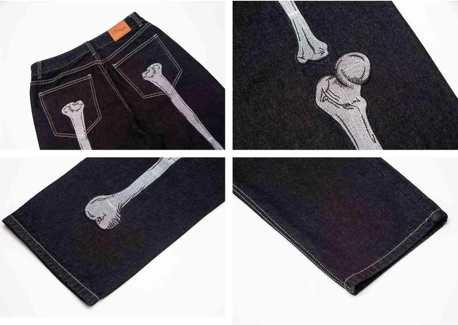 BXCNCKD Hip Hop Jeans Dark Black Skeleton Embroidery Jeans Gothic Loose Wide Leg Straight Leg Trousers Grunge Clothes