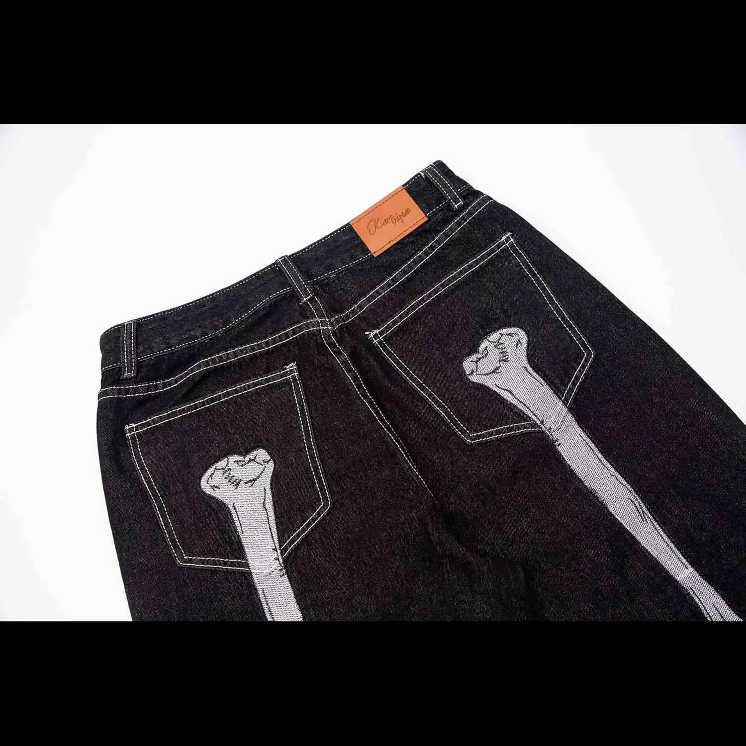 BXCNCKD Hip Hop Jeans Dark Black Skeleton Embroidery Jeans Gothic Loose Wide Leg Straight Leg Trousers Grunge Clothes