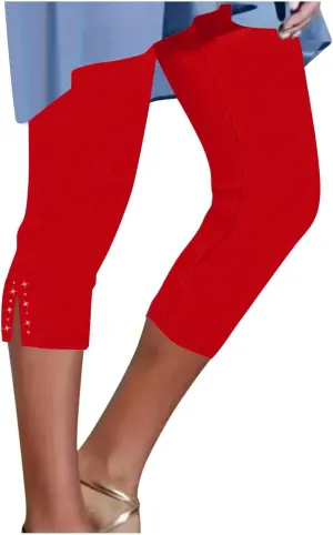 Capri Leggings for Women High Waisted Rhinestone Trim Stretch Workout Yoga Capris Comfy Gym Compression Joggers Pants