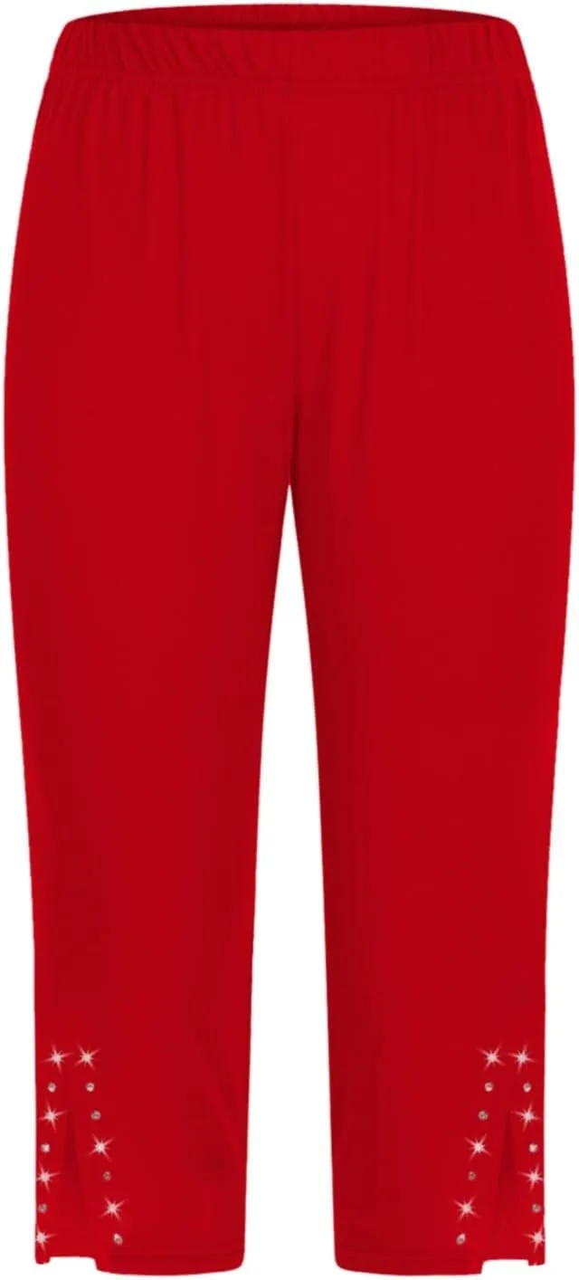 Capri Leggings for Women High Waisted Rhinestone Trim Stretch Workout Yoga Capris Comfy Gym Compression Joggers Pants