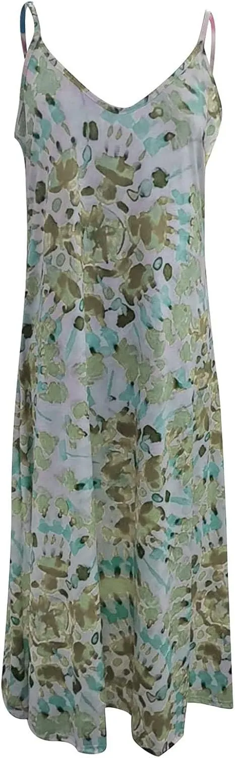 Casual Dresses for Women 2024 Trendy Floral Print Deep V Neck Spaghetti Strap Dresses Flowy Sleeveless A-Line Dress