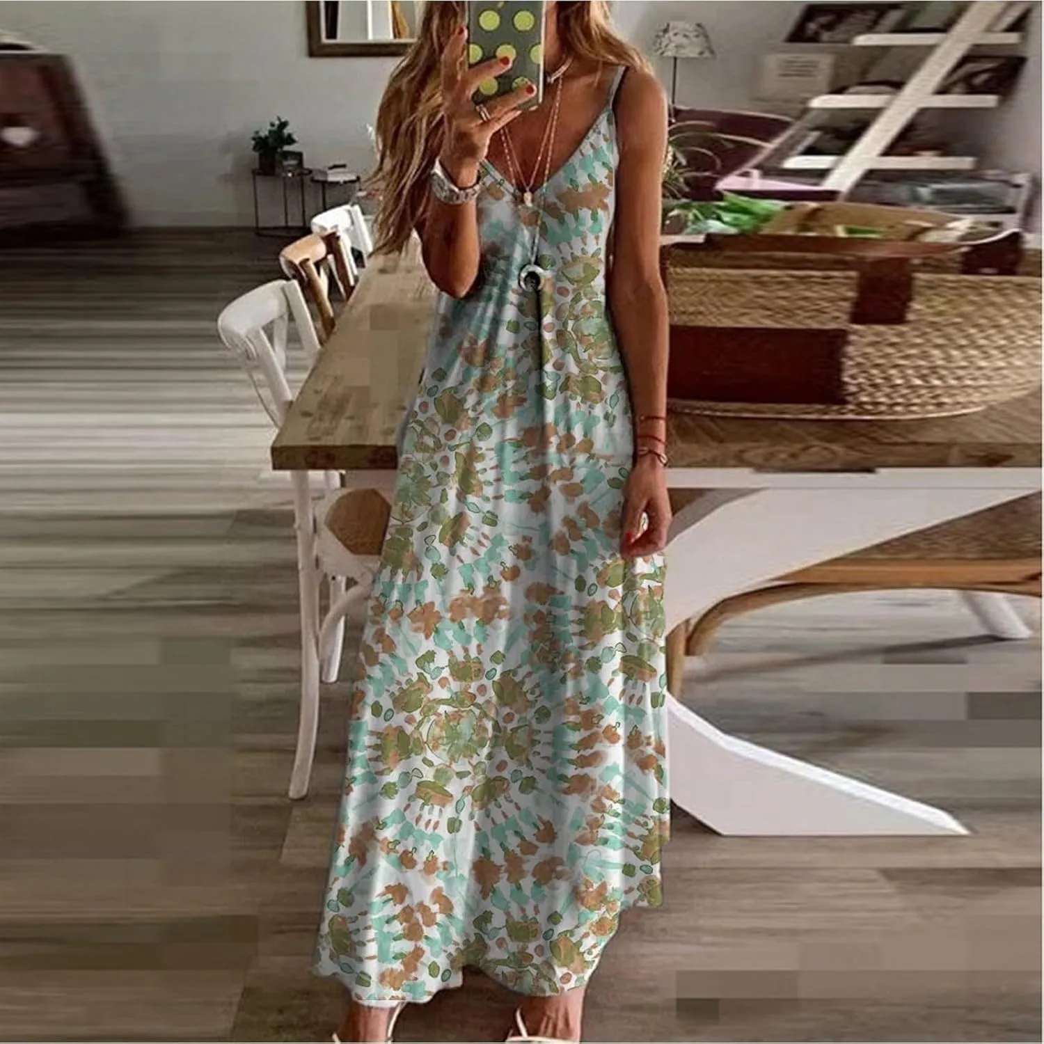 Casual Dresses for Women 2024 Trendy Floral Print Deep V Neck Spaghetti Strap Dresses Flowy Sleeveless A-Line Dress