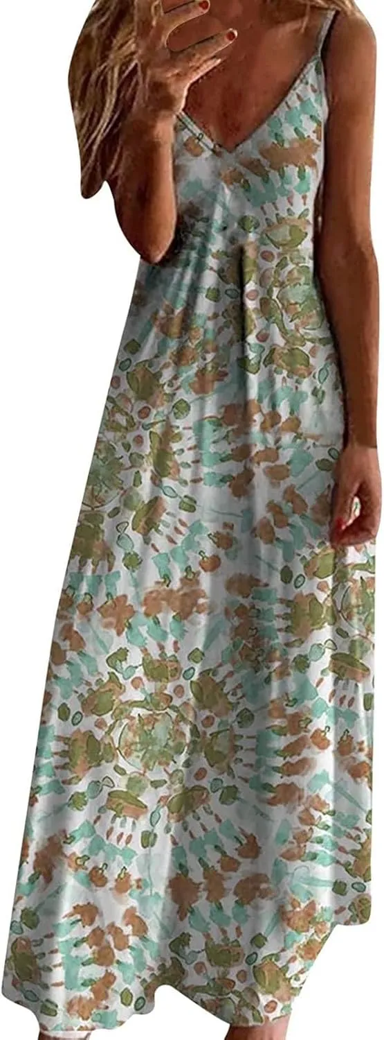 Casual Dresses for Women 2024 Trendy Floral Print Deep V Neck Spaghetti Strap Dresses Flowy Sleeveless A-Line Dress