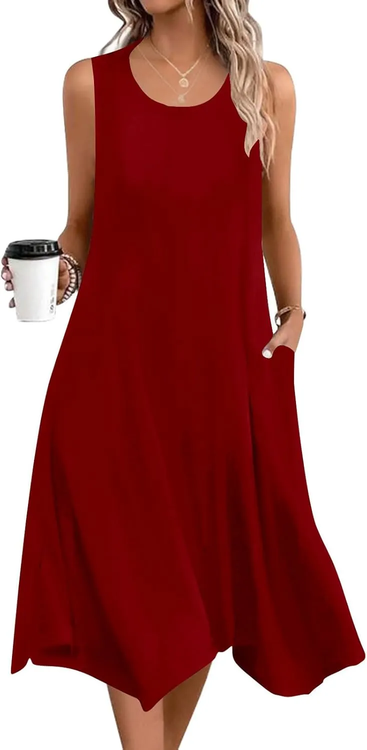 Casual Dresses for Women Summer Beach Vacation Sleeveless Sundress Flowy Irregular Hem Fashion Dress with Pockets
