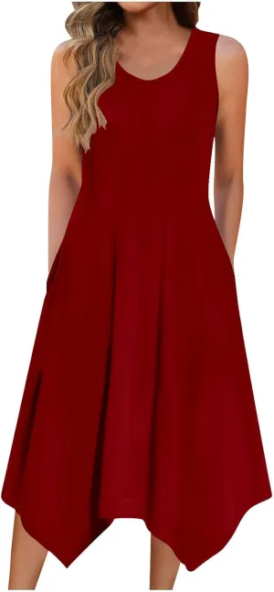 Casual Dresses for Women Summer Beach Vacation Sleeveless Sundress Flowy Irregular Hem Fashion Dress with Pockets
