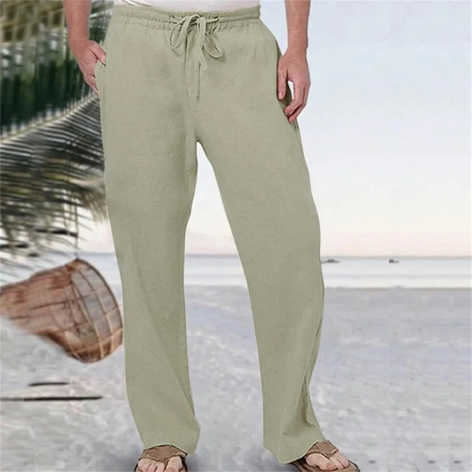 Casual Linen Pants for Men Breathable Loose and Light Sports Yoga Pants Summer Long Trousers with Pockets