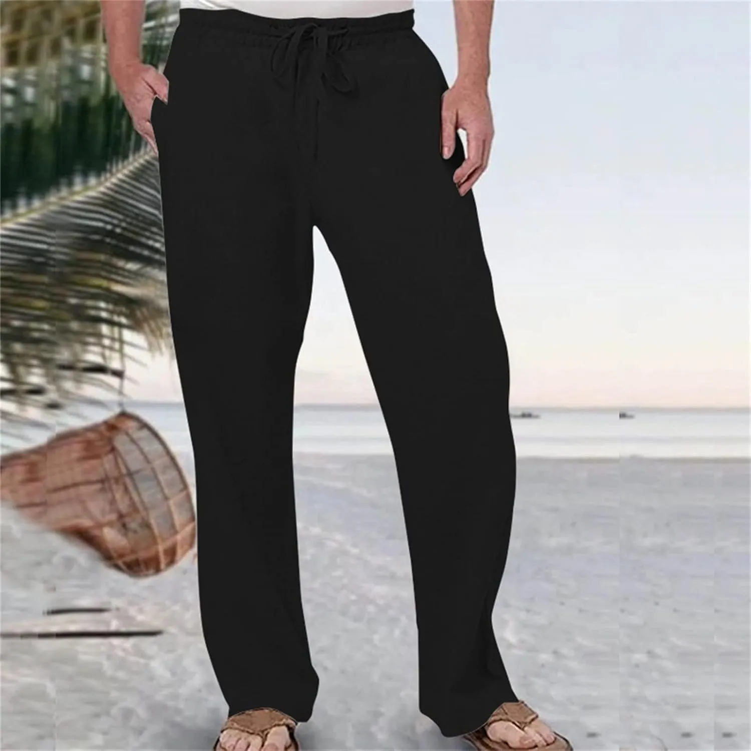 Casual Linen Pants for Men Breathable Loose and Light Sports Yoga Pants Summer Long Trousers with Pockets