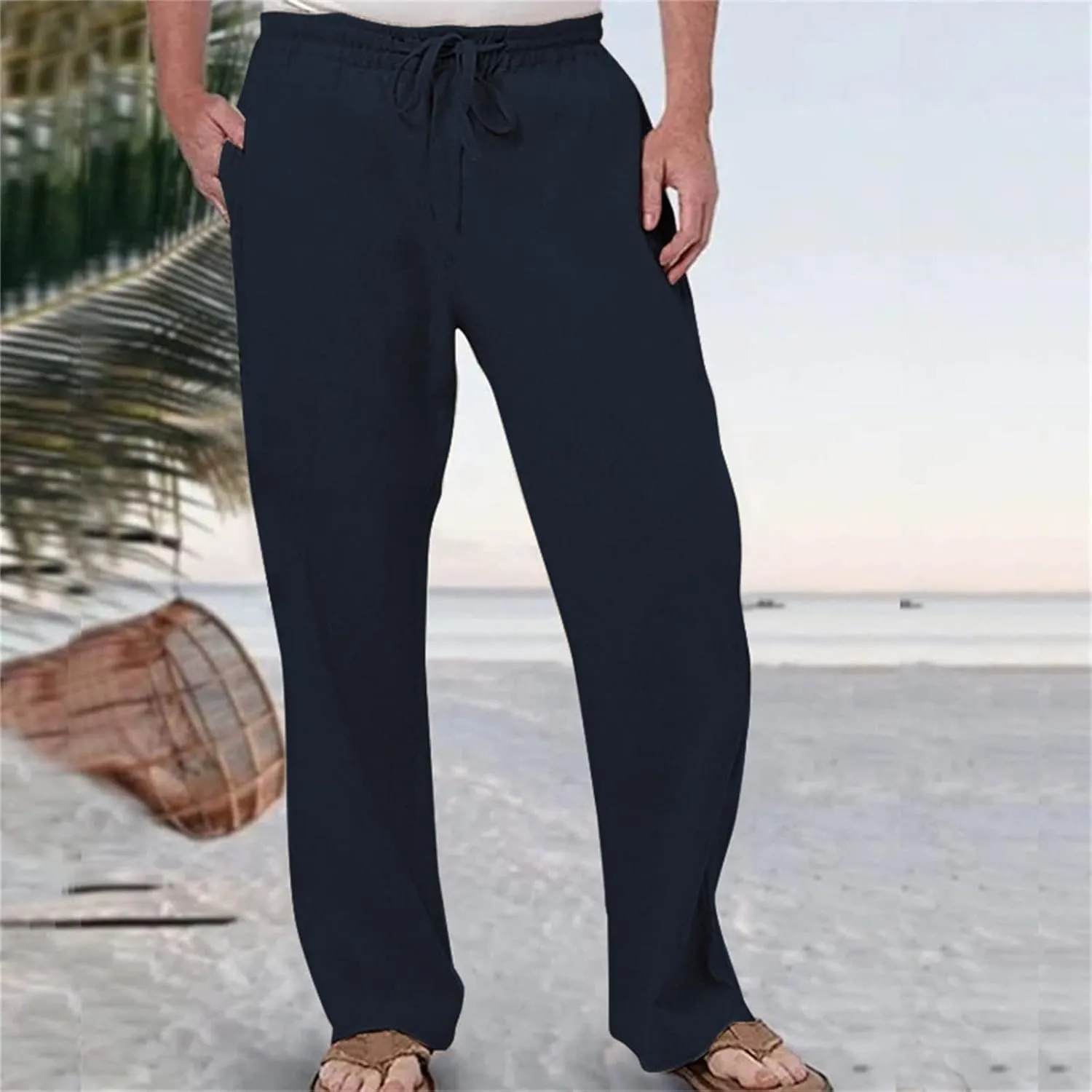 Casual Linen Pants for Men Breathable Loose and Light Sports Yoga Pants Summer Long Trousers with Pockets