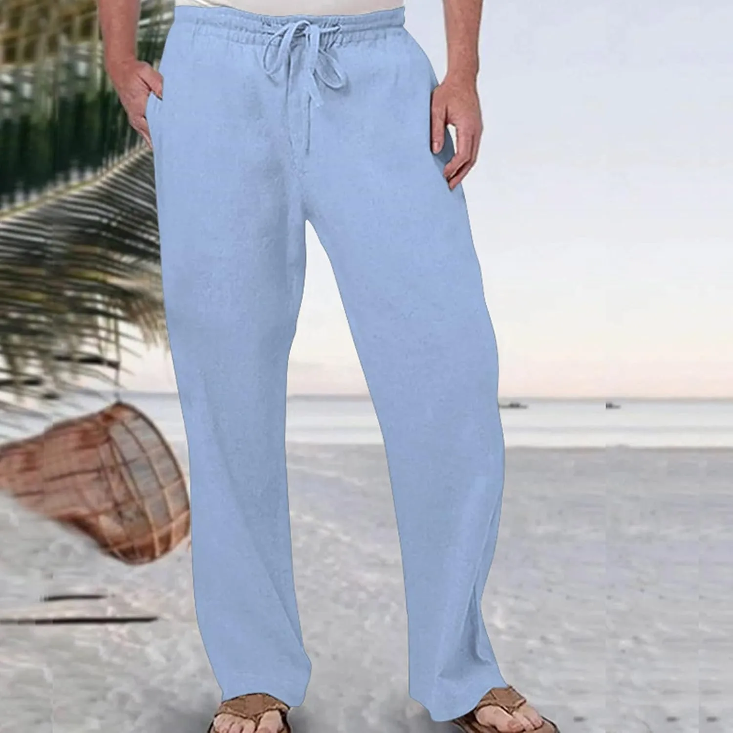 Casual Linen Pants for Men Breathable Loose and Light Sports Yoga Pants Summer Long Trousers with Pockets