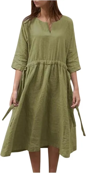 Ceboyel Women Half Sleeve Boho Dresses Cotton Linen Smocked Tiered Dress Drawstring Flowy Dresses Causal Summer Outfits