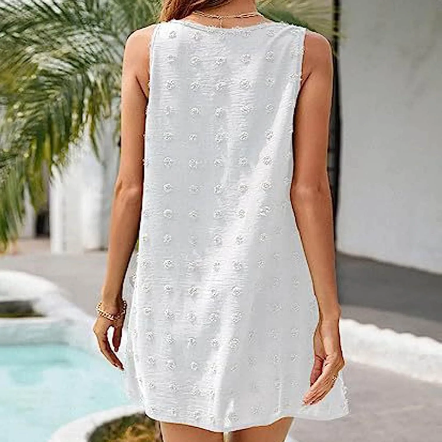 Ceboyel Women Swiss Dots Mini Short Dress V Neck Summer Beach Dresses Sleeveless Pocket Cute Sundress Trendy Causal Clothing